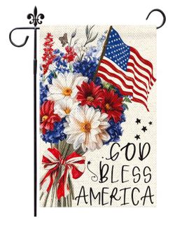 God Bless America Garden Flag Patriotic Burlap Yard Banner 12x18.5 Double Sided