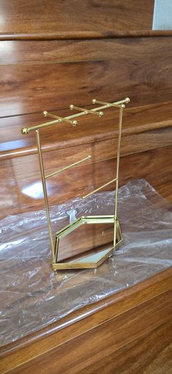 Tree Holder Earrings Necklace Bracelet Jewelry Organiser, Mirror Tray, Gold