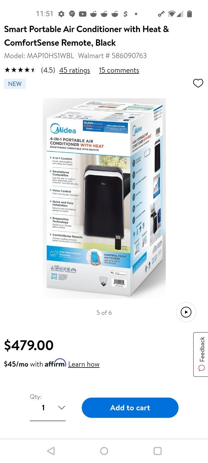 Midea 10,000 BTU (13,500 BTU ASHRAE) 115V Smart Portable