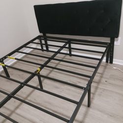 FULL SIZE BED FRAME AND BLACK VELOUR HEADBOARD 