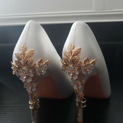 Ivory Satin Wedding Shoes With Gold Heel