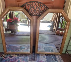 Pair of Vintage Oak Beveled Octagon Mirrors