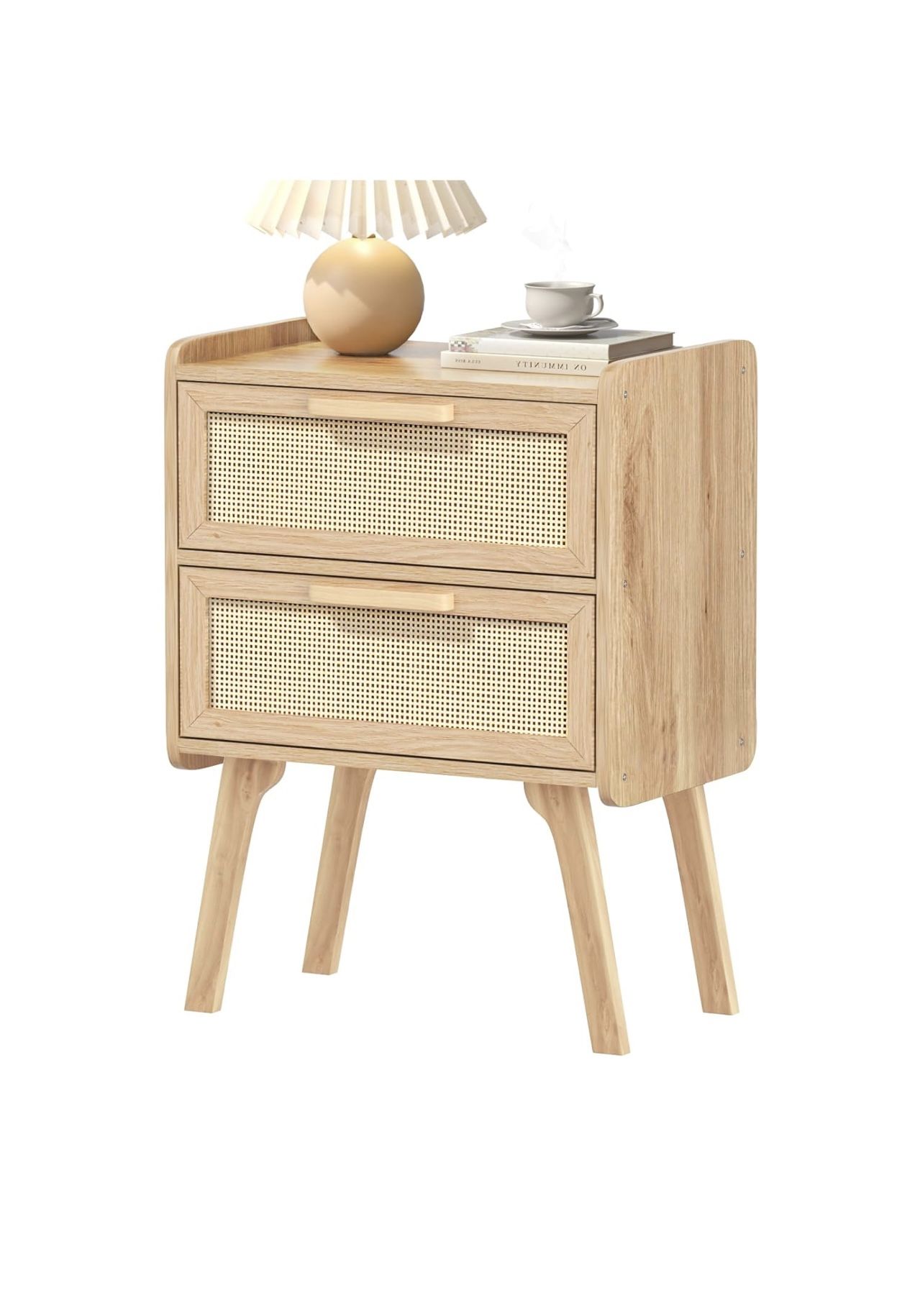 Boho Nightstand with 2 Drawers, Cane Accent Side End Table, Bedside Table Natural