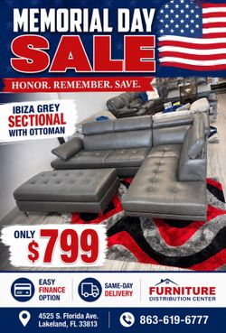 Memorial Day sale. Ibiza gray sectional with ottoman only $799. Easy finance option. Same-day delivery.