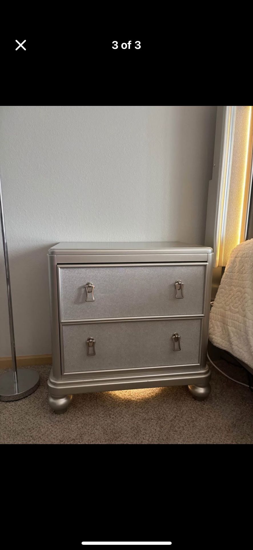 Silver Bedroom Set -Bed Frame, Nightstands & Dresser w/ Mirror
