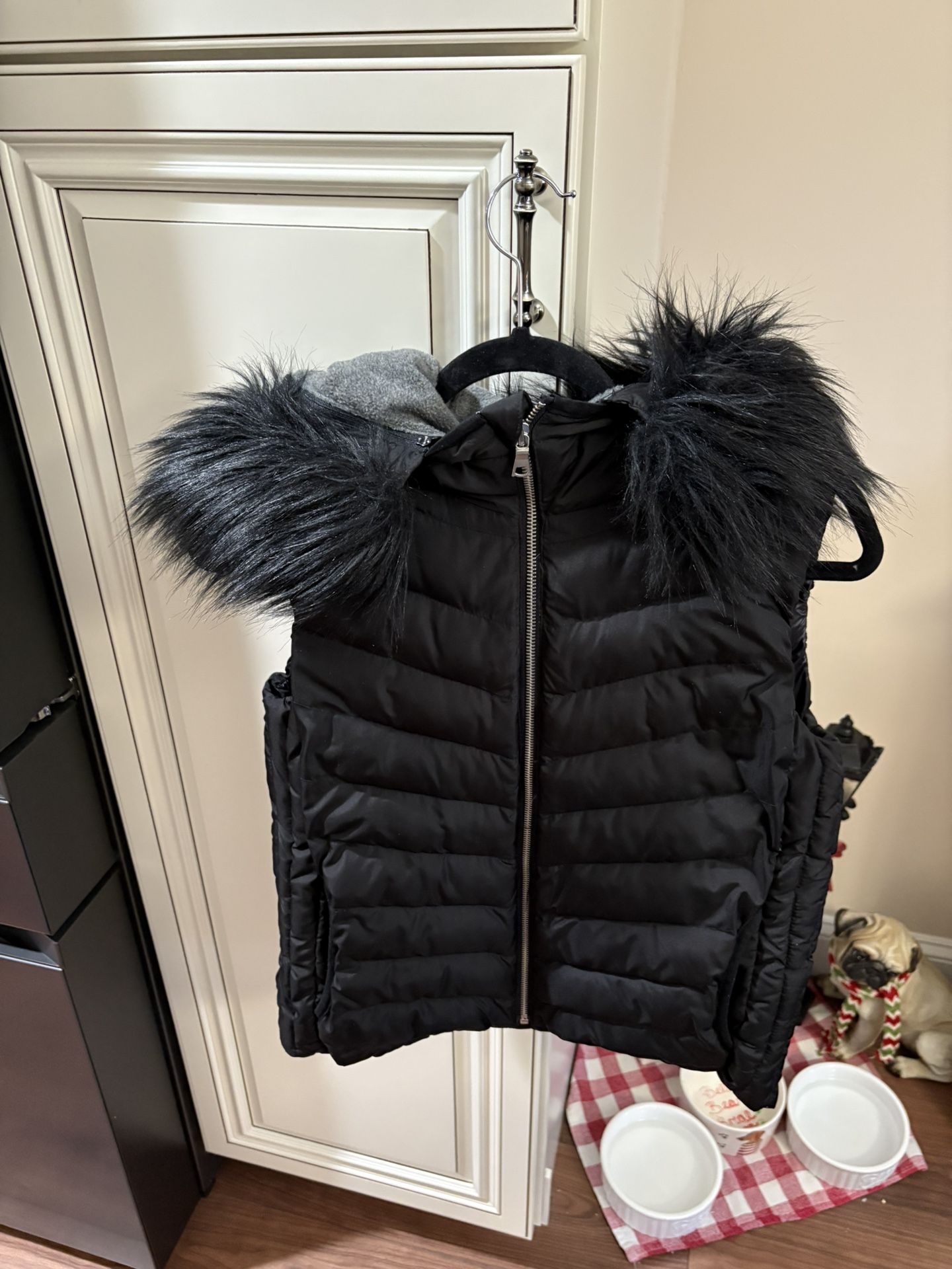 Gap Black Puffer Vest With Faux Fur Hood