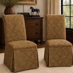 Pair Tapestry Skirted Parsons Chairs – Upholstered Dining Accent Chairs