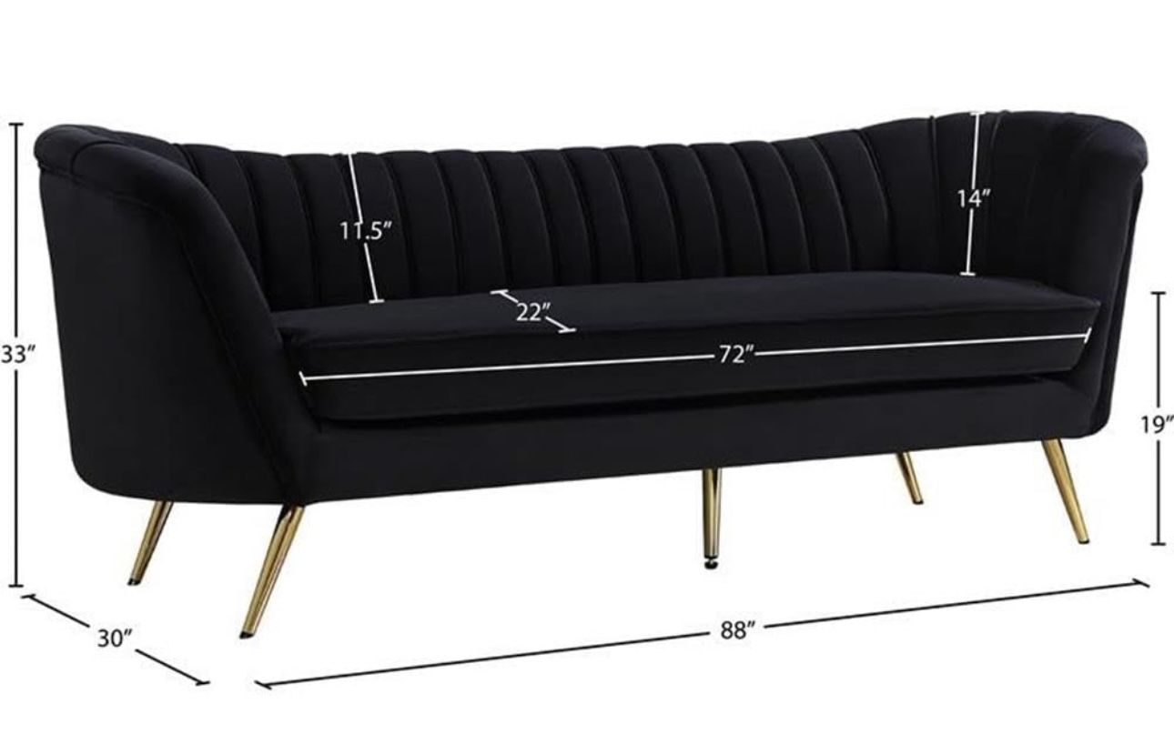Contemporary Velvet Upholstered Sofa with Deep Channel Tufting and Rich Gold Stainless Steel Legs, Black, 88" W x 30" D x 33" H