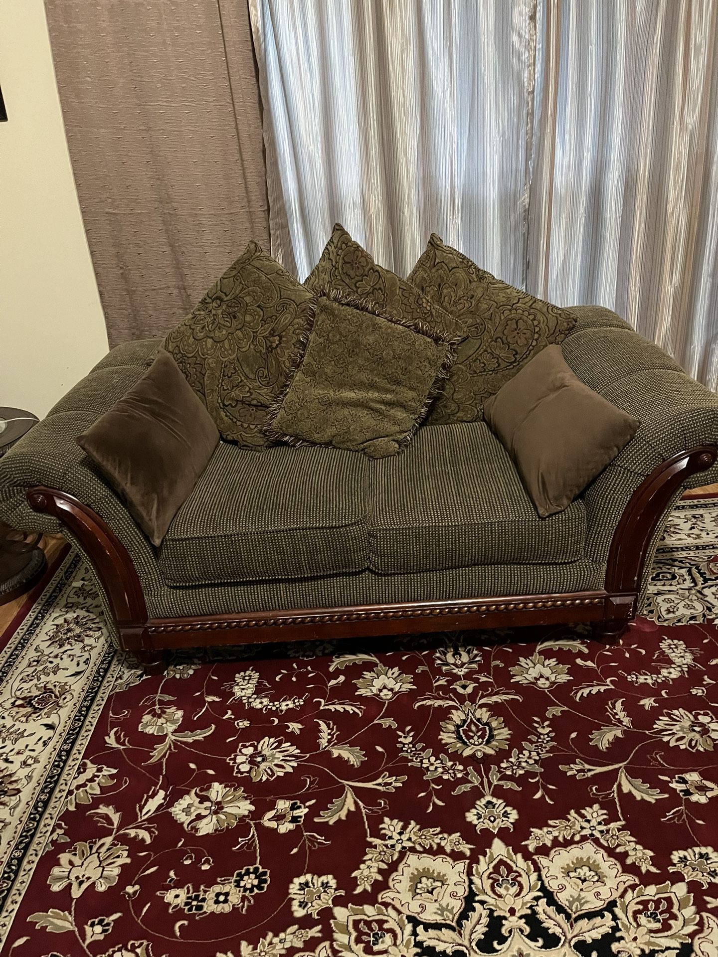 Loveseat Brown And Rug 12ft9 Long By 9ft9 Wide Moroccan Rug Red/white