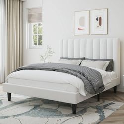 Clearance  Queen Size Platform Bed Frame with Upholstered Velvet Channel Headboard, White