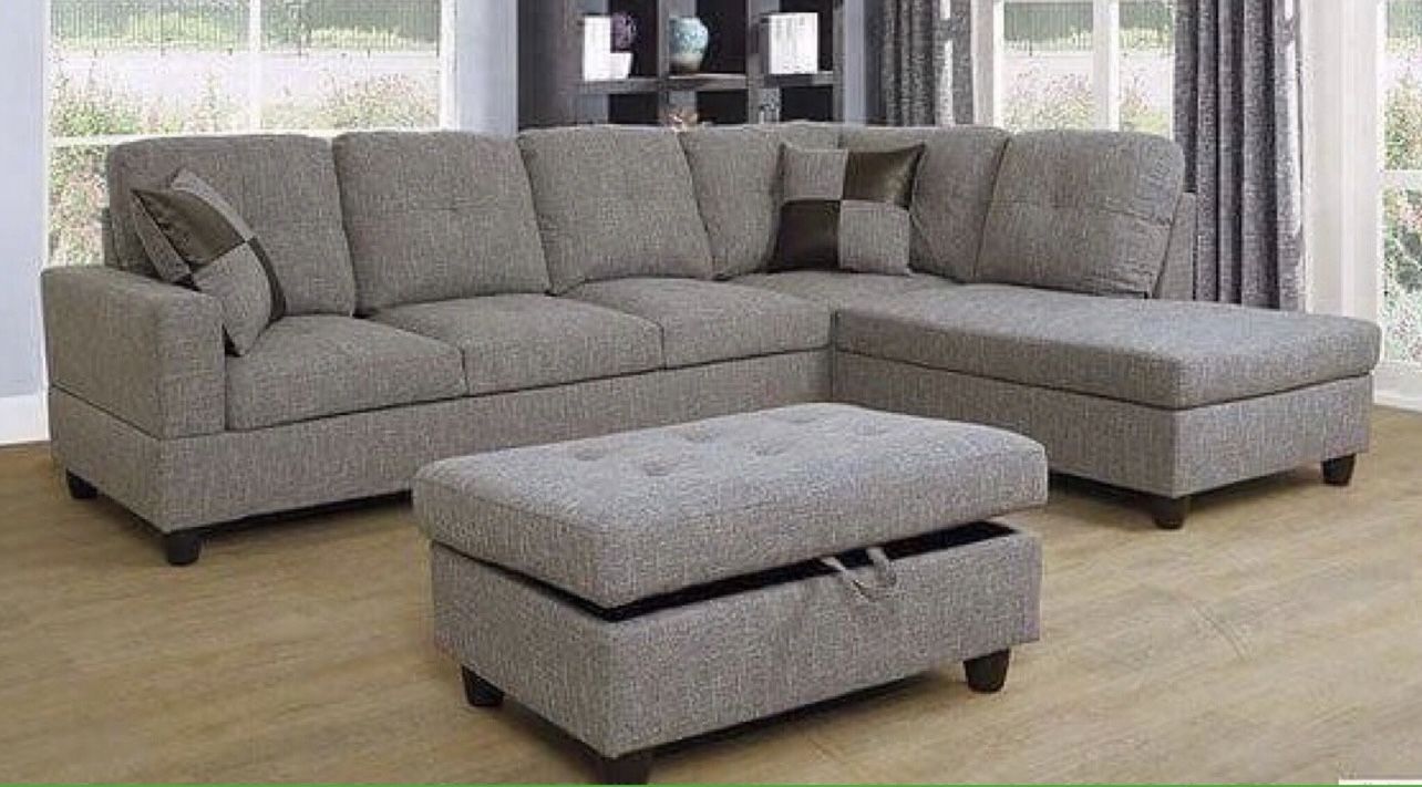 New Light Gray Tweed/linen Sectional Sofa W/ Free Ottoman And Pillows New In Original Boxes
