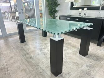 Modern Cracked Glass Top Dining Table with Brown / espresso Pedestal Legs