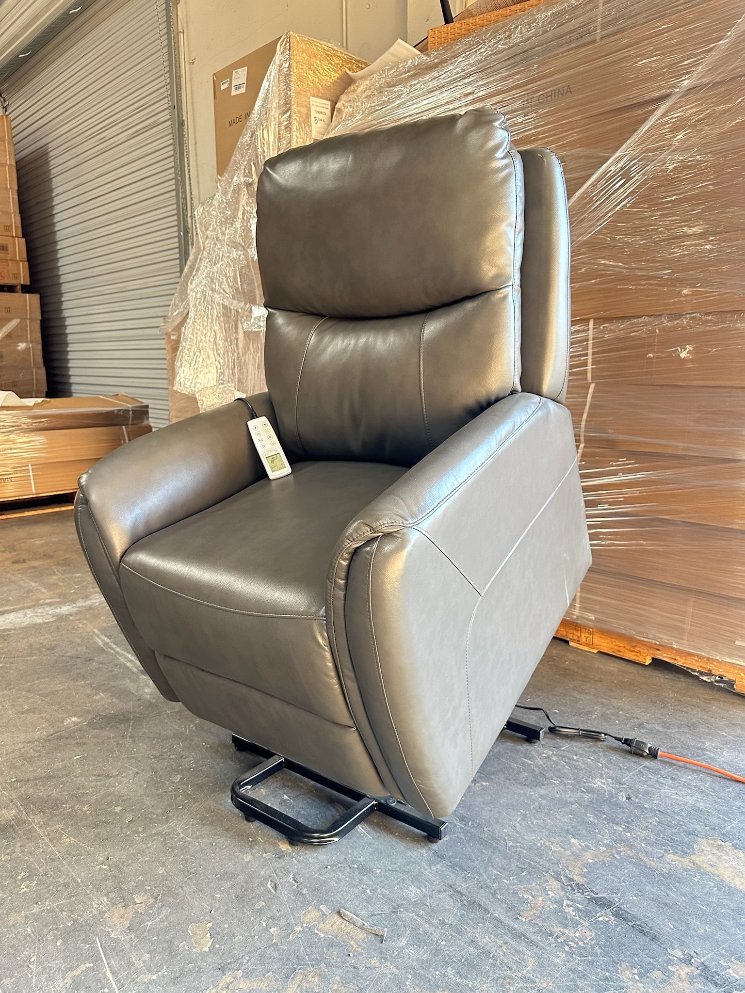 Gray Leather Power Lift Recliner Chair