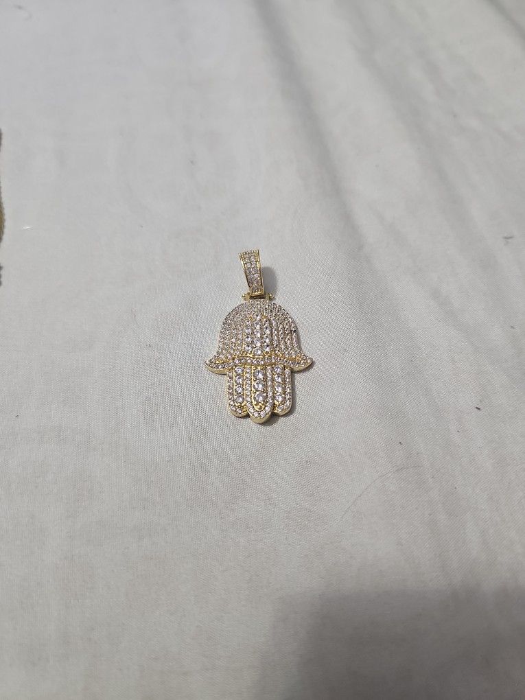 Gold Plated Sterling Silver Hamsa Pendant And 5mm 24in Gold Plated Sterling Silver Cuban Chain