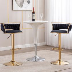 HEAH-YO Woven Bar Stools Set of 2, Adjustable Counter Height Bar Stools with Back and Solid Gold Base, Velvet Swivel Kitchen Stools for Island Home Ba