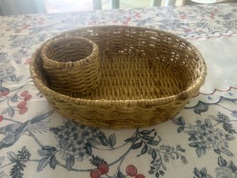 Wooden wicker basket chip and dip set