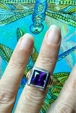 Vintage David Yurman design Amethyst  Silver & 14k Yellow Gold Ring Sz 5-5.5 Cocktail Large