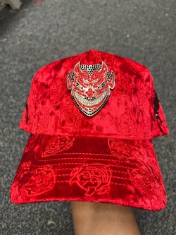 Red Velvet Baseball Cap with Rhinestone Emblem