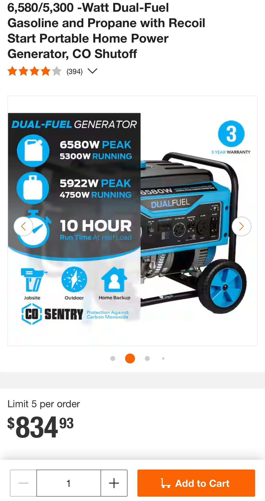Pulsar 6,580 WATTS Gas And LPG GENERATOR