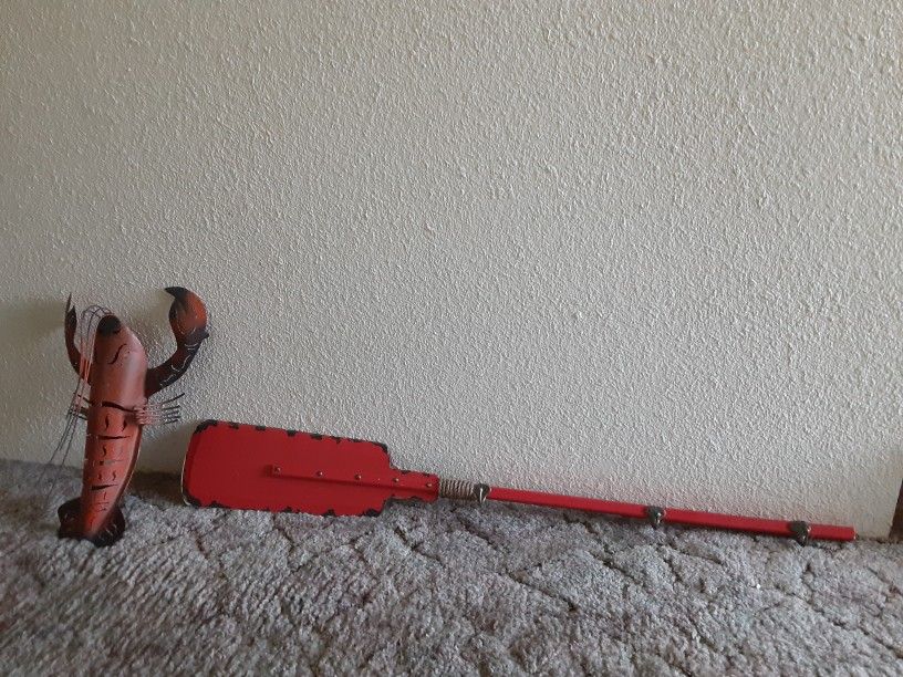 Red Oar Wall Hanging With Hooks And Red Lobster Wall Hanging Candleight Holder Set