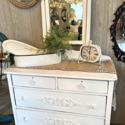 White Antique Farmhouse Style Dresser W/ Mirror 