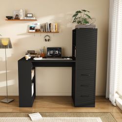 Black Computer Desk with 4-in-1 Socket, the Desk with 3 Slide Drawers and 4 Storage Levels, the Wooden Desk is Suitable for a Variety of Places