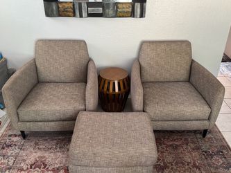 CB2 Mid-Century Modern Pair of  Deep Seat Accent Chairs with Ottoman