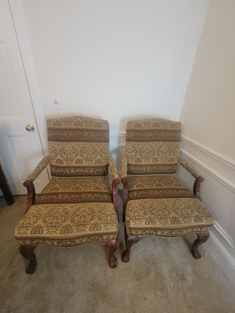 Luxurious Antique (2) Oversized Elephant Print Cloth Dining Chairs With Claw feet.