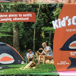 BRAND NEW KIDS CAMPING TENT AND SLEEPING BAG AND LANTERN