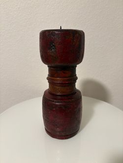 11.5” Tall Rustic Wood Candle Holder Deep Red