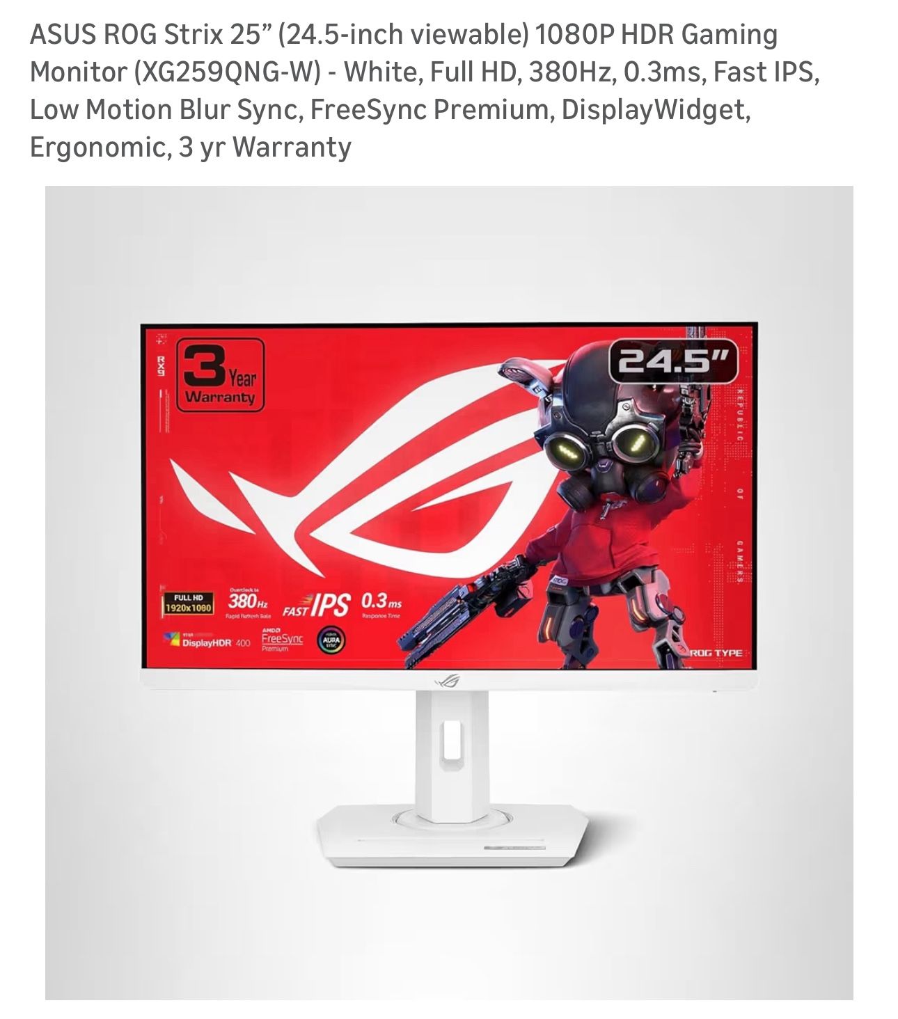 ASUS ROG Strix 25” (24.5-inch viewable) 1080P HDR Gaming Monitor (XG259QNG-W)
