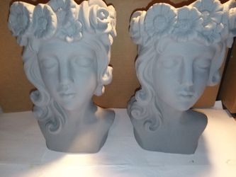 Pair of 13" Goddess Lady Head Planters made out of Cement and Fiber
