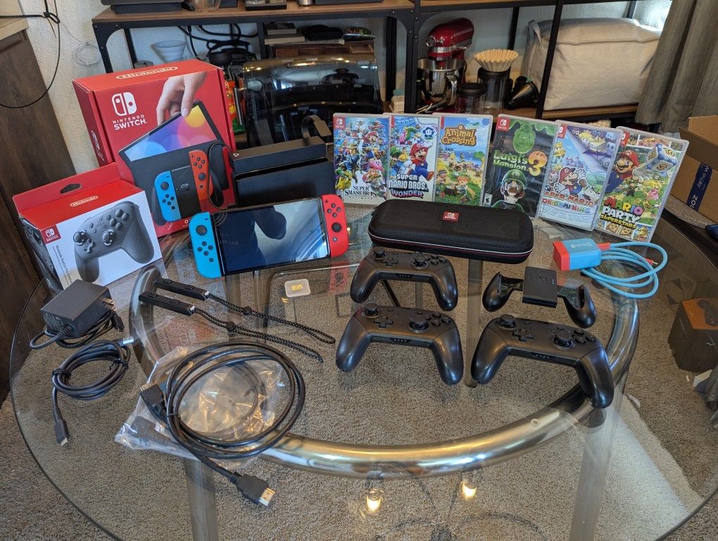 Nintendo Switch OLED | BUNDLE w/ 3 Pro Controllers + 6 Games!