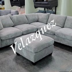 ✅️✅️ 4pc  for grey corduroy fabric upholstered sectional sofa with ottoman ✅️✅️