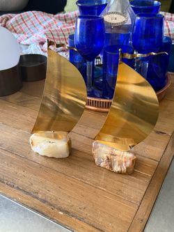 2 Vintage MCM DeMott Brass Sailboats On Geode Base