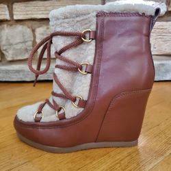 Veronica Beard Elfred Leather Shearling Lace-Up Bootie Platform Women US Size 5.5 NEW 