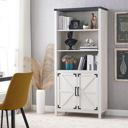 70" High Modern Farmhouse Bookcase and Bookshelf, Pantry Storage Cabinet with 2 Doors and 5 Shelves, White