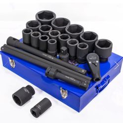Jumbo 1 in. Drive Cr-Mo Steel 6-Point SAE Deep Impact Socket Set with Extension Bars and Carrying Case (21-Piece)