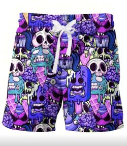 Men Skull Print Drawstring Waist Swim Trunks size large