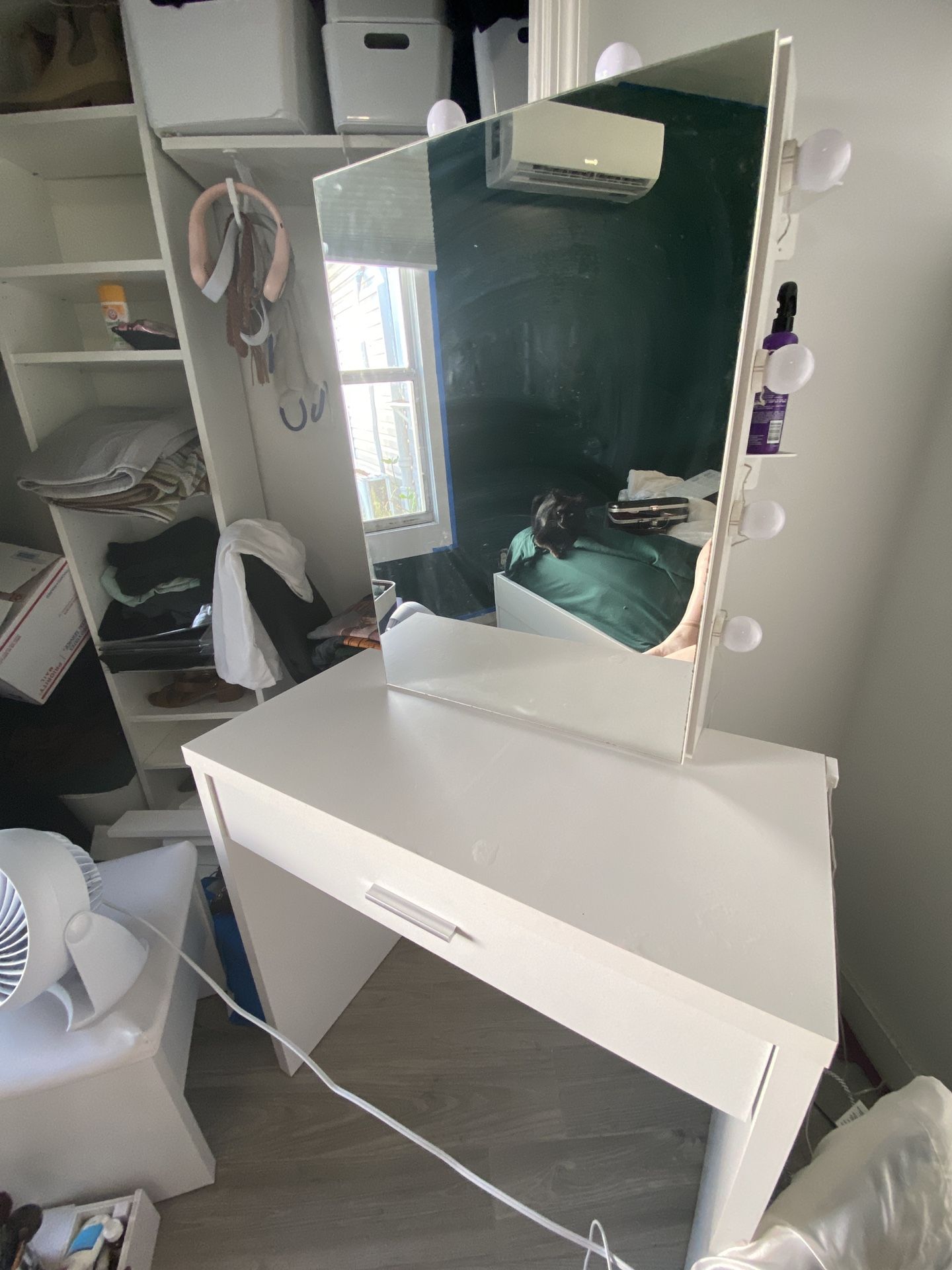 White Makeup Vanity Desk with Attached Sliding Mirror and Lights