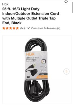 HDX 25 ft. 16/3 Light Duty Indoor/Outdoor Extension Cord with Multiple Outlet Triple Tap End, Black