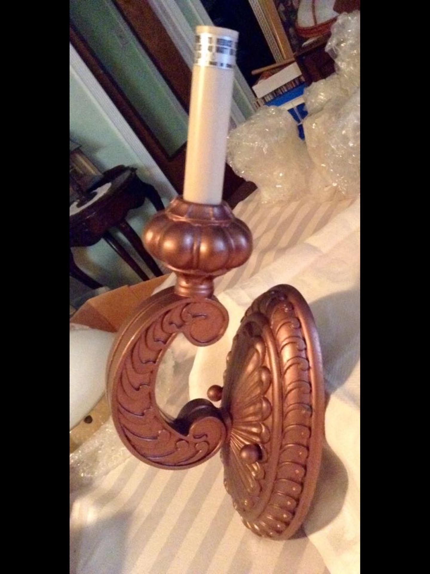 Antique Resin Candle Stick Light Wall Sconce W/ Lear Accents