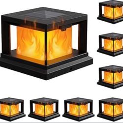 New-8-Pack Solar Light Outdoor, Waterproof Solar Powered Post Cap Light for 4x4 Vinyl/Wooden Post with Flickering Flame, Black High Brightness SMD LED