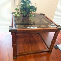 Vintage 1970s Solid Wood coffee Table side or lamp table with glass top