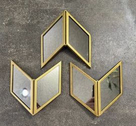 Set of 3 Wall Mirrors Brass Chevron Pattern Home Decor