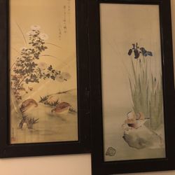 Two Vintage Wooden Frame Asian Pictures 