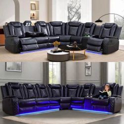 Power electric black leather fully reclining sectional couch