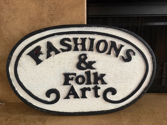 Vintage Oval Wooden Store front Sign wall decor "Fashions & Folk Art" (36" x 23")