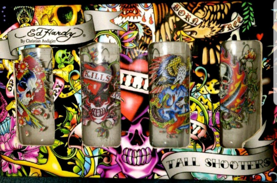 Ed Hardy Tall Shooters Shot Glasses 2 oz Set of 4 NEW