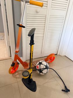 Scooter, tire pump & a soccer ball